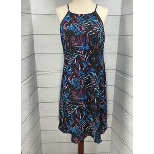 Decree Women's Palm Tropical Junior Halter Swing Dress Black Purple Size Medium